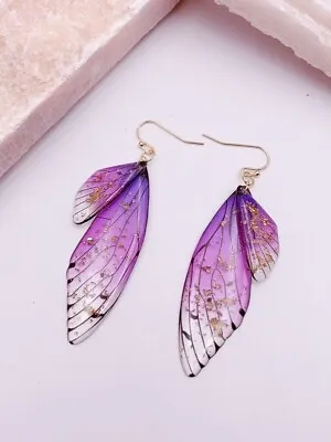 Butterfly Wings Earrings Purple-Mauve With Rhinestones Gold Hook Close • $24.45