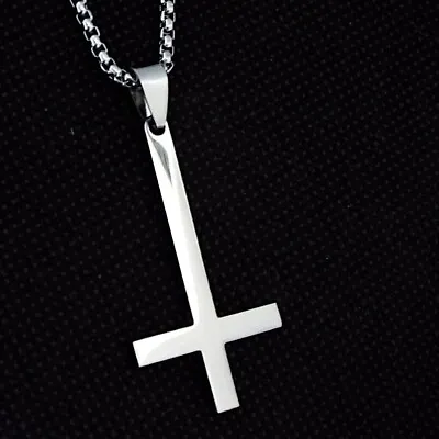 Stainless Steel Occult Inverted Cross Pendant Necklace Chain Grey Pouch • £8.95