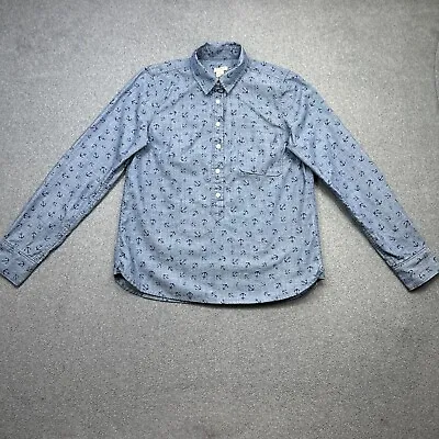 J Crew Top Womens Small Blue Chambray Anchor Print Popover Casual Classic S • $10.86