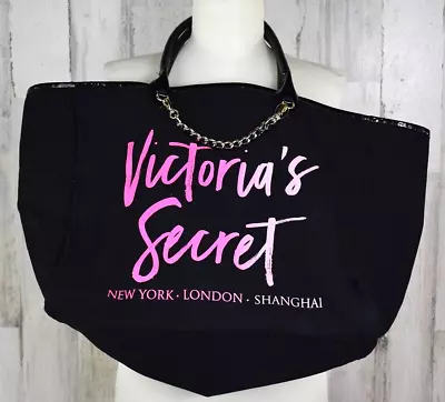 Victoria's Secret New York London Shanghai X-Large Pink Black Chain Tote Bag • $16.99