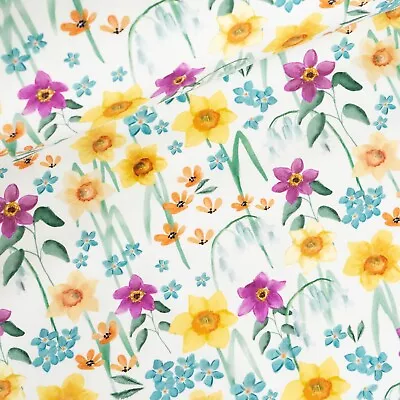 Cotton Jersey Fabric Watercolour Spring Daffodils Floral Stretch Knit Fabric • £8.25