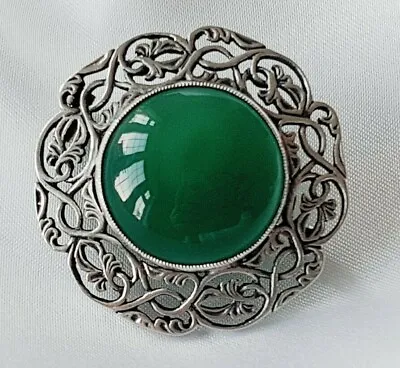 £75 • Buy Brooch ~ Hallmarked Solid Silver ~ Iona ~ Green Chalcedony Cabochon Gem Stone 