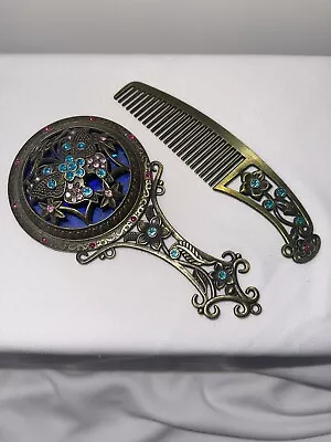 Vintage Dressing Table Vanity Metal Rhinestone Butterfly Mirror And Comb Set • $19