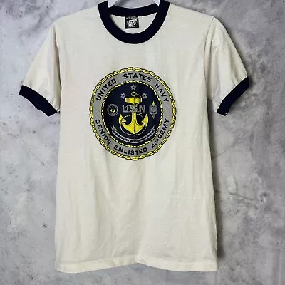 Vintage United States Navy T Shirt Mens M White Ringer Short Sleeve Military 80s • $17