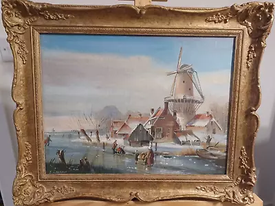 Antique Original Dutch Oil Painting  Winter Landscape On Canvas By Liechner • £97