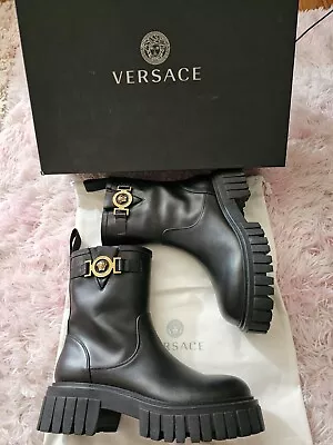 Brand New Authentic Versace Leather Medusa Combat Moto Boots Shoes BLACK Size 37 • $450