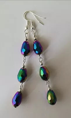 Long Drop / Dangle Earrings - Multi Tone Rainbow Crystal Droppers Silver Plated • £4.99