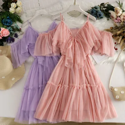 Lady Mesh Ruffle Layer Dress V Neck Sweet Lolita Fairy Princess Midi Elegant • £24.97