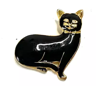 Gold Tone Black Enamel Sitting Cat Kitten Vintage Brooch Jewelry Lot Z • $0.99