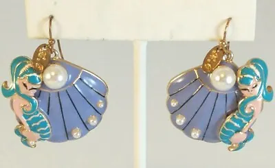 Mermaid Shell Faux Pearl Purple Teal Enamel Dangle Earrings Makers Mark Ew  • $14.99