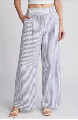 $88 NWT Madewell Harlow Sz 4 White Blue Stripes Linen Pockets Wide Lag Pants • $49.99