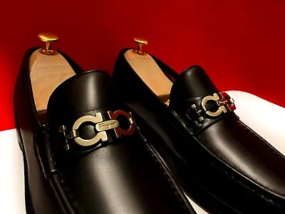$849.00 !! Ferragamo Luxury Men Black Leather Silver Bit's Loafers Shoes 9 D • $329