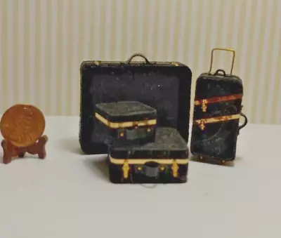 Miniature Dollhouse4 Pc Luggage 1:12 /Black  Patterned  W/Gold MetalicTape  Trim • $10.99