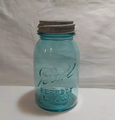 Vtg Blue Glass Ball Perfect Mason Quart Canning Jar With Milk Glass Zinc Lid • $12