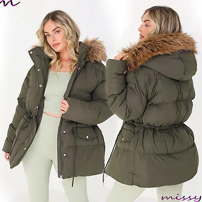 NEW WOMENS Ladies Mid Length Puffer Parka With Faux Fur Hood Winter Jacket Coat • £25.89