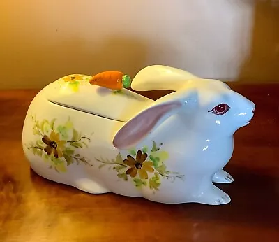 Rabbit Bunny Casserole / Tureen With Carrot Handle And Hand Painted Flowers 13   • $28