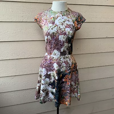 $34.99 • Buy Carven Floral Haze Print Dress Watercolor Scuba Flowers Cap Sleeve  Cocktail XS