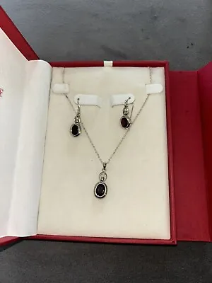 Sterling Silver Garnet Necklace And Earrings Set NEW • $39.99