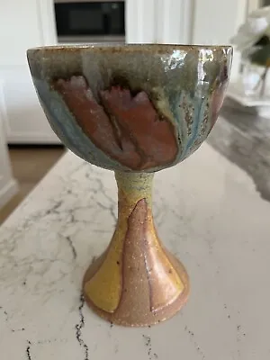 STONEWARE GOBLET CHALICE Wine Decor Glazed Cup & Earthy Mottled Base Handmade • $18