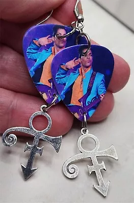Prince On Stage Guitar Pick Earrings With Symbol Charm Dangles • $7.50