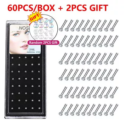 $7.99 • Buy 60PCS Nose Rings Bone Stud Pin CZ 20G Stainless Steel Body Piercings Jewelry