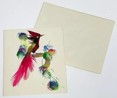 VTG 1950s FOLK ART Notecard & Envelope BIRD W/ Real Feathers HANDMADE In Mexico • $13.99