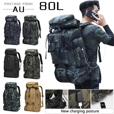 $40.99 • Buy 80L Military Tactical Backpack Rucksack Hiking Camping Outdoor Trekking USB Bag