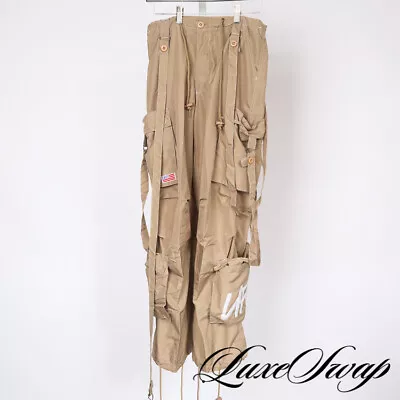 NWOT Neo Vintage Y2K UFO Khaki Strap Drawstring Parachute Raver Skater Pants S • $12.50