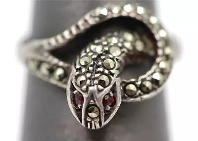 Vintage Sterling Silver Coiled Snake Marcasites & Ruby Eyes Size 4.25+ Ring • $34.99