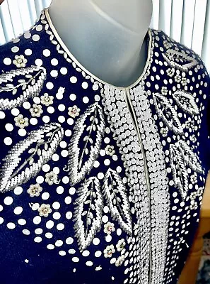 Vtg 1950s Sweater Cardigan Angora Navy Beaded Seed Pearls Crystals Rockabilly-38 • $68.98