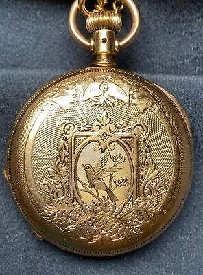 Vintage 1885 Elgin 14K Yellow Gold Lady's Pocket Watch - Bird Design Gold Chain • $199