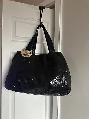 Michael Kors Fulton Black Python Embossed Patent Leather Bag Tote Purse Large • $49