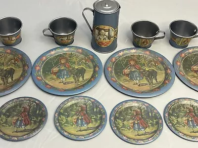 Vintage 14 Piece Children’s Tin Tea Set Reproduction Plates Ohio Art Company • $50