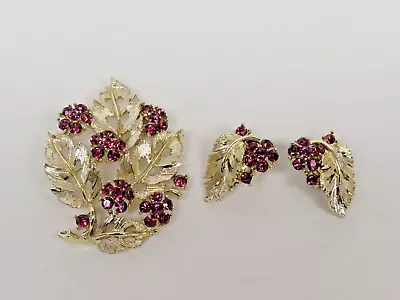 Vintage Lisner Purple Rhinestones Grape Leaves Earrings And Brooch Set I-15590 • $49.99