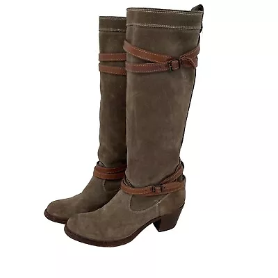 FRYE Jane Fatigue Brown Oiled Suede Strappy Knee Boots  Womens Size 6.5 M • $55.99