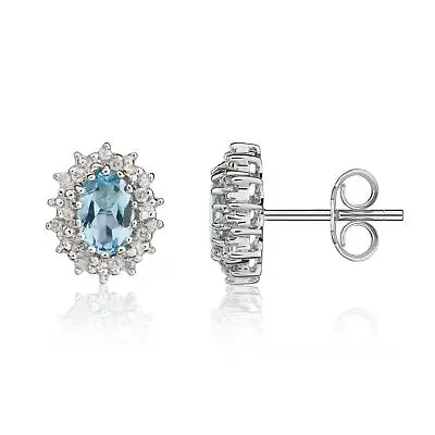 £294 • Buy 9CT White Gold Oval Aquamarine & Diamond Cluster Earrings