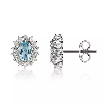 £294 • Buy 9CT White Gold Oval Aquamarine & Diamond Cluster Earrings