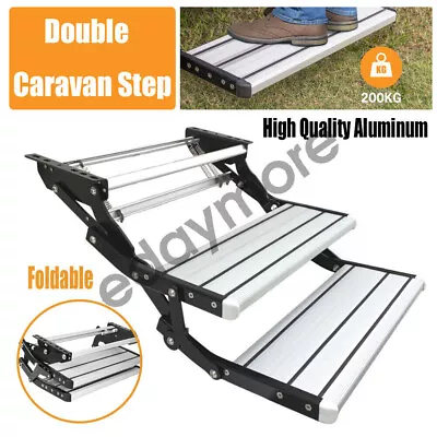 Folding Double Caravan Step Aluminium Pull Out Steps For Road RV Camper Trailer • $219