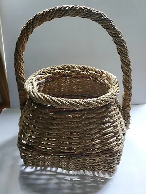 Woven Basket With Handle Large 15 X 18 X 13 Unique Design Nautical Primitive  • $38.33