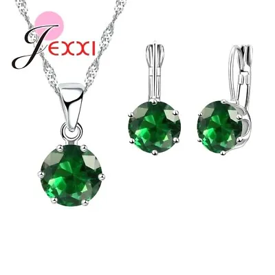 925 Sterling Silver Green CZ Crystal Necklace Pendant And Earring Set UK SELLER • £5.49