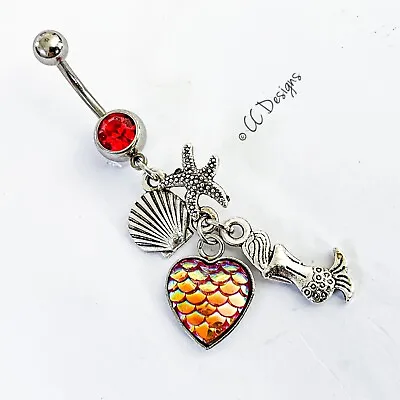 14g Red Sparkle Cz Dangle Mermaid Starfish Shell Heart Scale Belly Ring B492 • $9.99