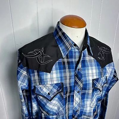 Ely Cattleman - Men L - Blue Plaid Western Shirt W/ Silver Shimmer - Snap Button • $25