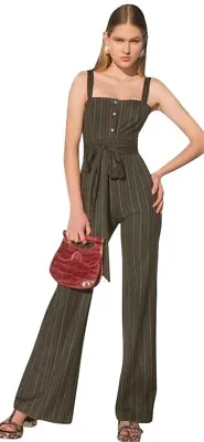 $135.20 • Buy 🖤 STAUD Black Rainbow Stripe TAO Button Wide Leg Waist Tie Belted Jumpsuit 0 XS