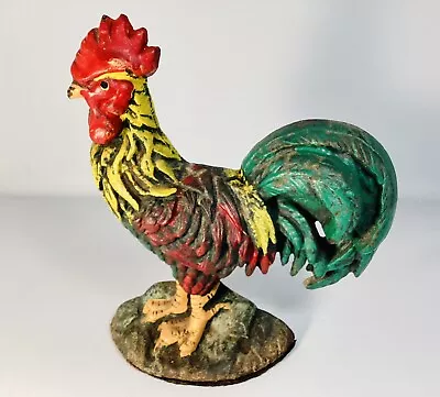 Vintage Painted Cast Iron Rooster Door Stop 8.5  Vibrant Colors • $24.99