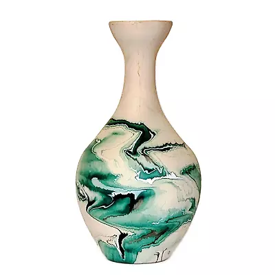 Lrg Mid Century Nemadji Ceramic Pottery Vase Native Bisque Clay Teal Green Paint • $49.99