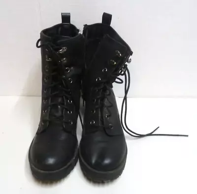 Madden Girl Boots Womens 7 Eloisse Combat Lace Up Black Leather Heels Side Zip • $18.95