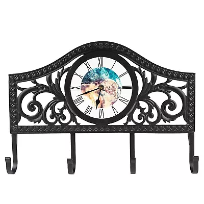 WALL MOUNTED BLACK METAL SCROLLWORK Hook Hat Rack Coat Holder With Marble Clock • $27.99