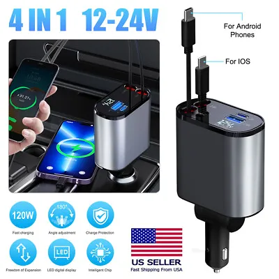 Retractable 4 IN 1 Car Charger Cable Dual Port USB C PD Fast Charging Adapter • $21.86