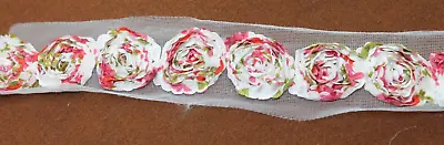 Vintage Rose 3D Trim White Chiffon Floral Print 2 Yard X 1 3/8  Net Base • $4.95