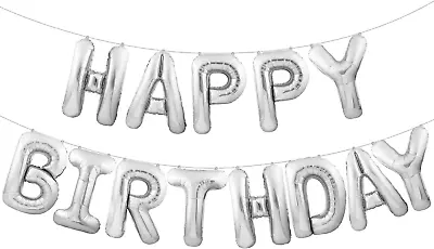 Silver Happy Birthday Balloons Banner 16 Inch 3D Silver Mylar Foil Birthday Let • $16.99